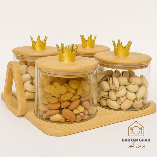 Royal Crown Glass Jars with Wooden Tray
