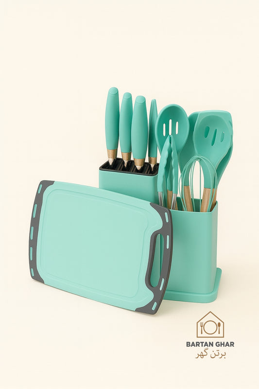 19-Piece Silicone Kitchen Utensil Set with Holder & Cutting Board – Heat Resistant & Non-Stick