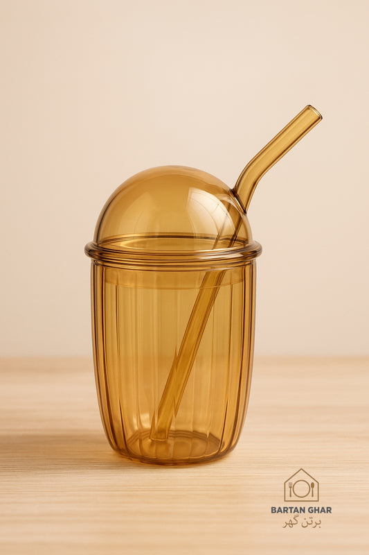 Amber Glass Tumbler with Dome Lid & Straw